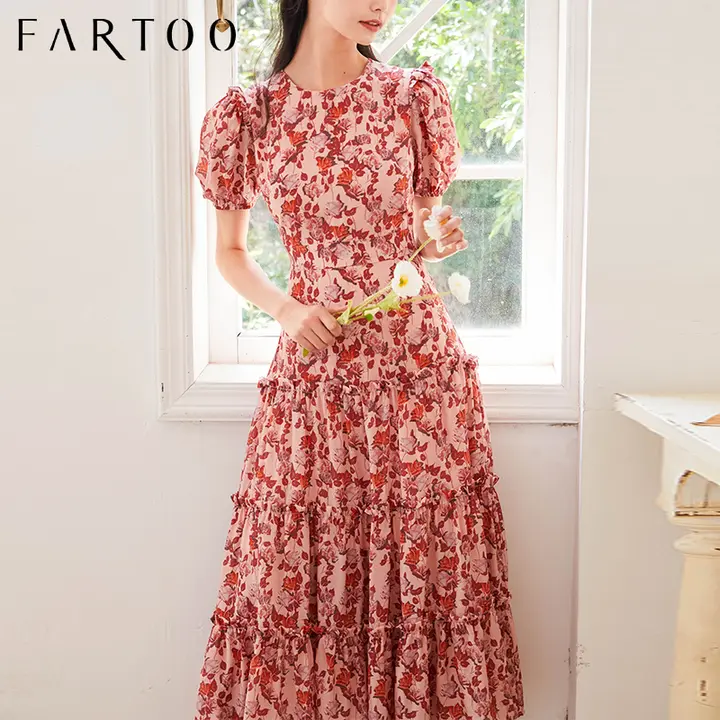 フラワープリント真丝ワンピース【泡袖・中長丈・ティータイムスタイル】