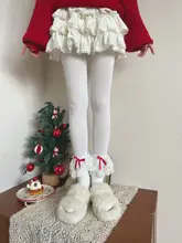 クリスマス向け赤いサテン毛玉付きロリータスタイルのレディースカシミヤふわふわ靴下