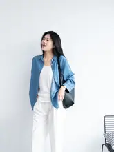 夏用シンプルデザイン深色UVカットテンセルデニムシャツ【ウォッシュ加工・ゆったりフィット・カジュアルアウター】