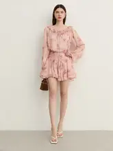 春らしい花柄のフリル付き長袖ワンピース【ピンク・ウエスト絞り・ラウンドネック・短丈】