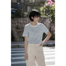 ベーシック ブルー&ホワイトストライプ コットンラウンドネック半袖Tシャツ