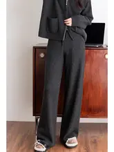 秋冬対応 レディース羊毛混紡ニットパンツ【落ち感・ダークグレー・ストレート】