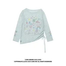 ヴィンテージ風 カートゥーンデザインの長袖チュニック Tシャツ【春夏用・日焼け防止・軽やかさ・ドローストリング付き】（セットアップ対応）