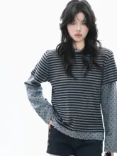 トップス レディース 長袖Tシャツ フェイクレイヤード ストライプ 水玉 パッチワーク ヴィンテージ Y2K