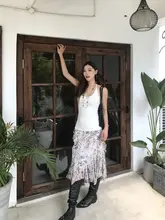 アメリカンスタイルのレオパード柄不規則ヘムロングスカート【薄手・夏用・ロマンティック】