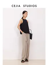 高腰ワイドレッグパンツ【軽やかでしたシルエット・裏地シルク・秋用】