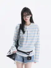 長袖Tシャツ レディース ヘンリーネック ボーダー柄 アメカジ ヴィンテージ ルーズ UVカット 夏 インスタ映え
