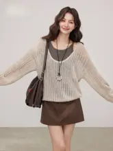 秋用レディースカフェカラーのニットトップスとボトムス【スタイル・韓国風・デザイン性高め】（セットアップ対応）