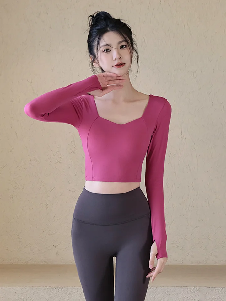 女性用 ヨガトップス【秋用・美背デザイン・胸パッド付き・長袖・フィットネス用】