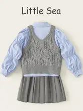 春季女児向けフレンチ学院スタイル【リボン付きニットベスト・シャツ・プリーツスカート・三点セットアップ対応】