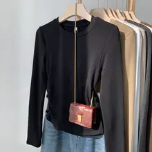 デザイン性のある女性用リブ素材のタイトフィットTシャツ【加絨・ウエストシェイプ・ラウンドネック】