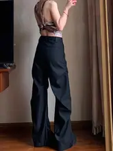 ブラックのワイドパンツ【アメリカンスタイル・プリーツデザイン・夏用・カジュアル】（セットアップ対応）