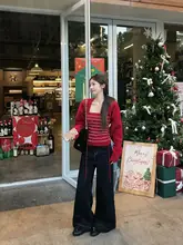 クリスマスレッドニットカーディガン【リボン付き・ビーズストライプ・バストトップ対応】（セットアップ対応）