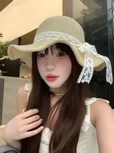レースリボン付き夏用草帽【海辺のリゾートに最適・大きめつば・UVカット加工】