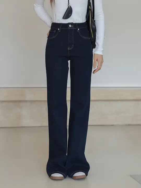 王妃家 ブラック 厚手 フリース デニムパンツ【春秋用・細身・ストレート・フレア】