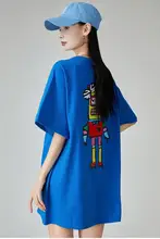 半袖Tシャツ レディース 刺繍 クラインブルー アメカジ ヴィンテージ ルーズ ミディアム丈 体型カバー 夏