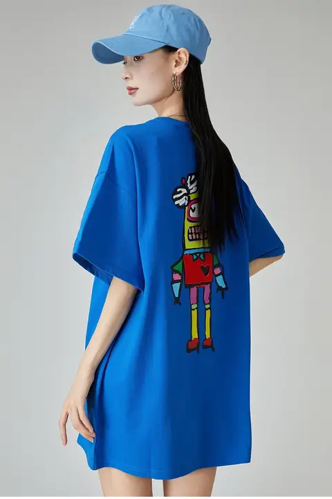半袖Tシャツ レディース 刺繍 クラインブルー アメカジ ヴィンテージ ルーズ ミディアム丈 体型カバー 夏