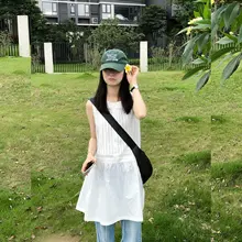 夏用 白色 無袖 Aラインワンピース【デザイン性のある皺感・フィット・小柄対応】