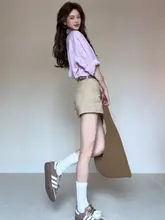 夏用カジュアルカーキデニムショートパンツ【ゆったりしたデザイン・大人っぽい雰囲気】（セットアップ対応）