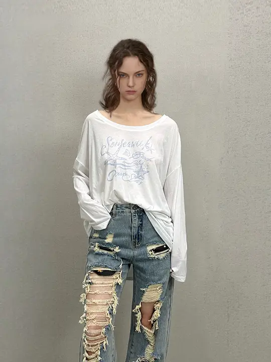 軽くてゆったりしたデザインの水珠プリント超薄Tシャツ