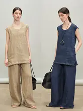 シルエットのリネンビブトップス＆ストレートパンツ【フランス風・毛足仕上げ・夏用】（セットアップ対応）