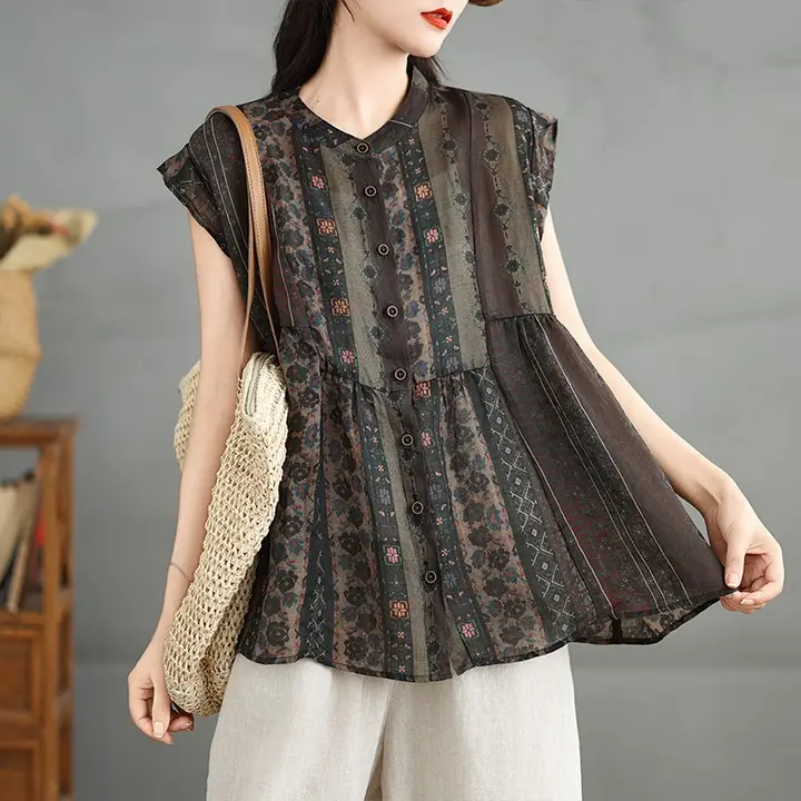 レトロカジュアルプリント半袖シャツ【ゆったりフィット・フリル付き・ノースリーブ】（セットアップ対応）