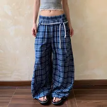 レトロチェック柄のカジュアルパンツ【女性用・ストリートスタイル・ワイドレッグ・ゆったり・スリム効果】（セットアップ対応）