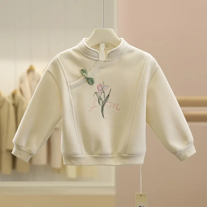 子供用 中式デザイン 珍珠ボタン刺繍 裏起毛スウェット【花柄】