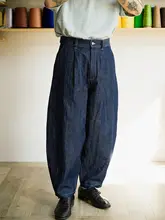 麻デニムワイドレッグパンツ【単プリーツ・バルーンシルエット・パリボタン】