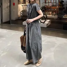 春夏向け レディース コットンリネン 大きいサイズ ゆったりとしたシルエットのショートスリーブオールインワン（セットアップ対応）