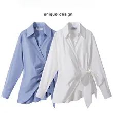交差バンドデザインのハイウエストVネック長袖シャツ【秋用・スリムフィット】