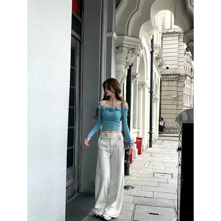 菱形柄の肌触りが優しい中腰微喇牛仔パンツ【夏用・ゆったりシルエット】