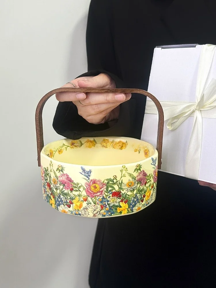 美しい花柄の陶器製手提げフルーツバスケット：ヴィンテージ風の家庭・飾り用途に最適