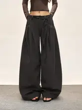 ウィメンズ春秋用ワイドレッグパンツ【ドレープ加工・ウエストひも・ポケット付  き・フィット】（セットアップ対応）