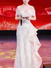 一字肩の輝くイブニングドレス【女性用・高級感あるデザイン・成人式・バースデーパーティー用】