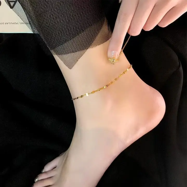水に強い！輝く18Kゴールド製のシンプルリップチェーンとアンクレット【セクシー・オールマイティデザイン】（セットアップ対応）