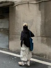 大口ポケット付きルーズフィット七分丈パンツ【水洗い加工・男女兼用・ストリートスタイル】（セットアップ対応）