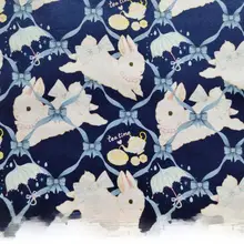 青地にリボン付きウサギ柄のコットン平織り生地【ロリータワンピース用DIY・バッグ用】