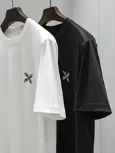 極上の柔らかさ！夏用サテンコットン 男性用刺繍ラウンドネック半袖Tシャツ