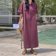 カジュアルなデザインのポケット付き半袖シャツワンピース【春夏用・ゆったりシルエット】