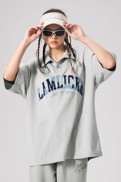 刺繍入りポロシャツ【ユニセックス・カジュアル・コットン素材・オーバーサイズ】