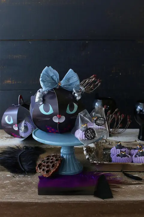ハロウィン用パッケージ！おしゃれな黒猫デザインのクッキー・キャンディボックス【持ち手付き・菓子包装】