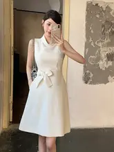 白色フレンチスタイルの無袖リボン付きワンピース【極上の柔らかさ・シンプルデザイン】