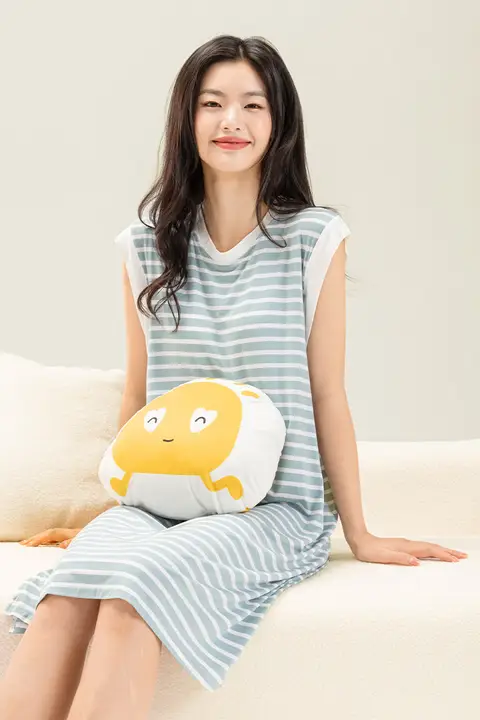 妊婦用 ストライプデザインのマタニティナイトドレス【胸パッド付き・アイスシルク・ノースリーブ】
