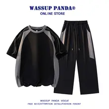 セットアップ 2点セット メンズ カラーブロック スポーツカジュアル 半袖Tシャツ ロングパンツ 夏 「WASSUP PANDA」