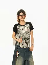 アメリカンレトロスタイルのアニメプリントラグラン半袖Tシャツ【ウエストマーク・女性用・カジュアル】