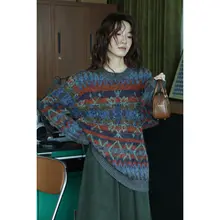ニット セーター レディース フェアアイル柄 ウール クルーネック プルオーバー ゆったり ヴィンテージ おしゃれ きれいめ 秋冬