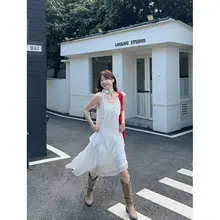レースデザインの不規則なキャミソールワンピース【中長丈・春用】