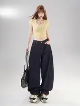 アメリカンビンテージスタイルのデコンストラクションデニムパンツ【ワイドレッグ・高街風・緩めシルエット】（セットアップ対応）