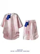 レトロタイダイストライプの半袖Tシャツとショートパンツ【夏用・ゆったりフィット・カジュアル】（セットアップ対応）